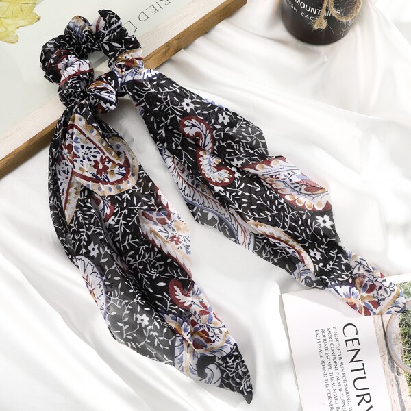 

Floral Print Scarf Hair Tie, Black