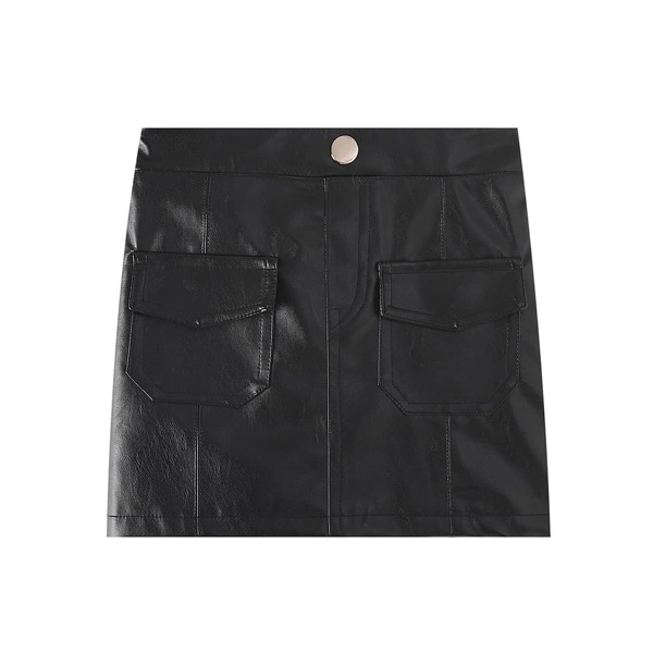 

Girls Flap Pocket PU Leather Skirt, Black
