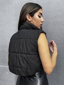 Zip Up Puffer Vest Coat - Black - View 2