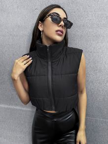 Zip Up Puffer Vest Coat - Black - View 4