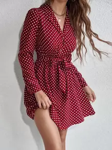 SHEIN LUNE 波點圖案前紐扣腰帶襯衫連衣裙 - 酒紅色 - 查看 1