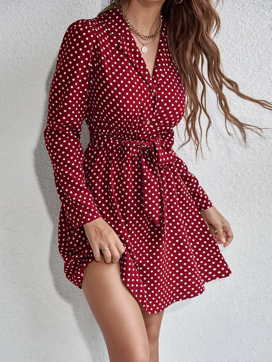 SHEIN LUNE 波點圖案前紐扣腰帶襯衫連衣裙 - 酒紅色 - 查看 1