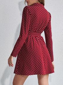 SHEIN LUNE 波點圖案前紐扣腰帶襯衫連衣裙 - 酒紅色 - 查看 2