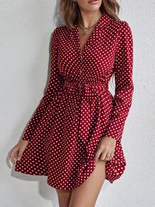 SHEIN LUNE 波點圖案前紐扣腰帶襯衫連衣裙 - 酒紅色 - 查看 3