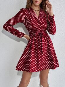 SHEIN LUNE 波點圖案前紐扣腰帶襯衫連衣裙 - 酒紅色 - 查看 4