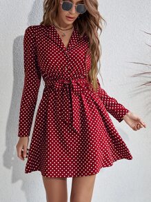 SHEIN LUNE 波點圖案前紐扣腰帶襯衫連衣裙 - 酒紅色 - 查看 5