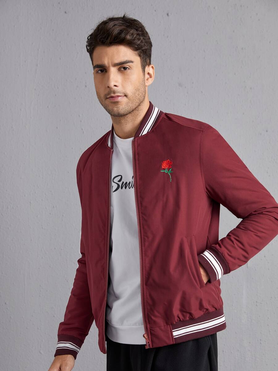 Manfinity Hombres Cazadora tipo bomber con cremallera con bordado floral - Burdeos - Ver 1