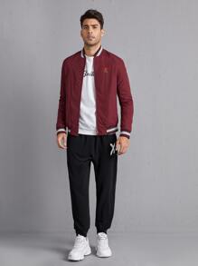 Manfinity Hombres Cazadora tipo bomber con cremallera con bordado floral - Burdeos - Ver 3