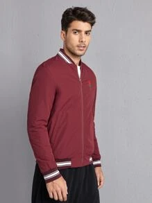 Manfinity Hombres Cazadora tipo bomber con cremallera con bordado floral - Burdeos - Ver 4