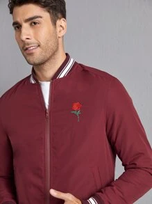 Manfinity Hombres Cazadora tipo bomber con cremallera con bordado floral - Burdeos - Ver 5