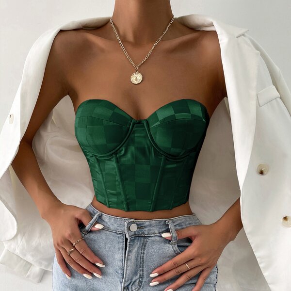 

Checker Print Grommet Lace Up Back Crop Tube Top, Green