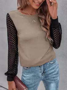 SHEIN LUNE Contrast Guipure Lace Bishop Sleeve Tee - Apricot - View 1