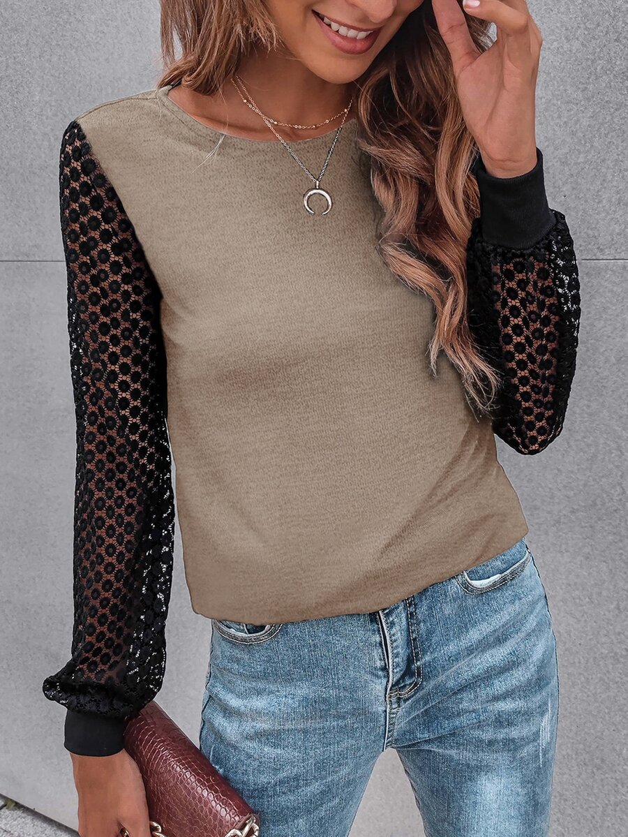 SHEIN LUNE Contrast Guipure Lace Bishop Sleeve Tee - Apricot - View 1