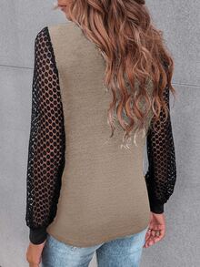 SHEIN LUNE Contrast Guipure Lace Bishop Sleeve Tee - Apricot - View 2