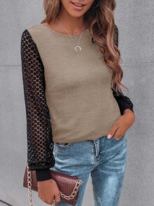 SHEIN LUNE Contrast Guipure Lace Bishop Sleeve Tee - Apricot - View 4