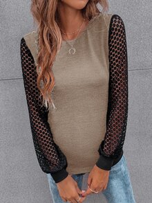 SHEIN LUNE Contrast Guipure Lace Bishop Sleeve Tee - Apricot - View 5