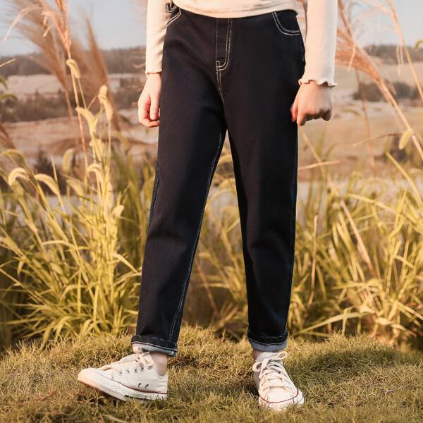 

Girls Top-stitching Tapered Jeans, Black
