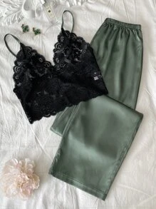 Plus Lace Cami Top With Satin Trousers Pyjama Set