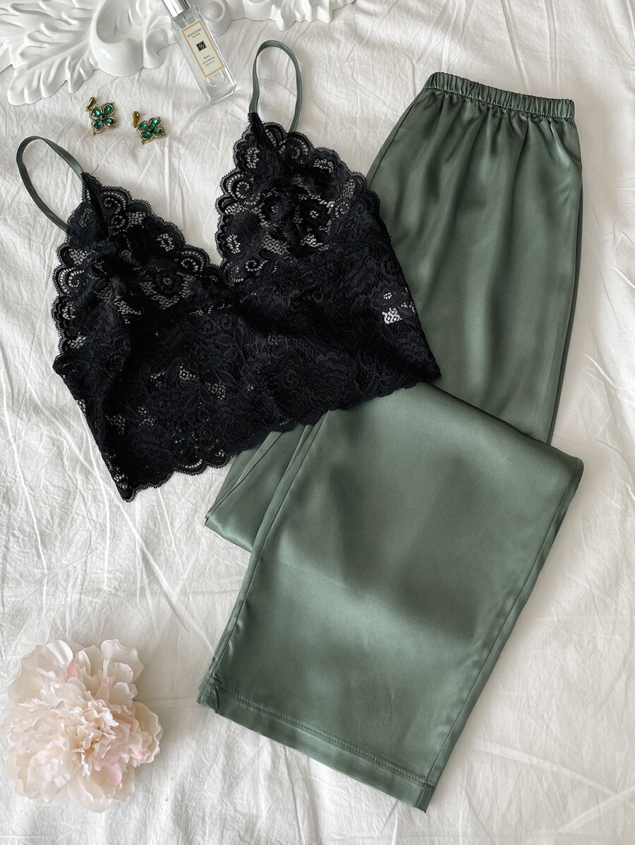 Plus Lace Cami Top With Satin Trousers Pyjama Set