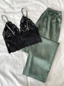 Plus Lace Cami Top With Satin Trousers Pyjama Set