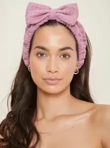 SHEIN Cơ bản sống cơ bản Microfiber Spa Trang điểm Băng đô Waffle Bow-Dessert Rose - Màu hồng gỉ - Xem 3