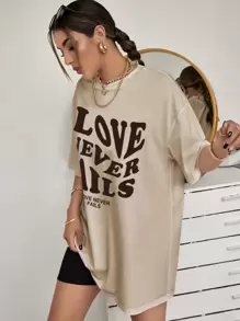SHEIN Unity Camiseta de hombros caídos con estampado de letra - Albaricoque - Ver 4