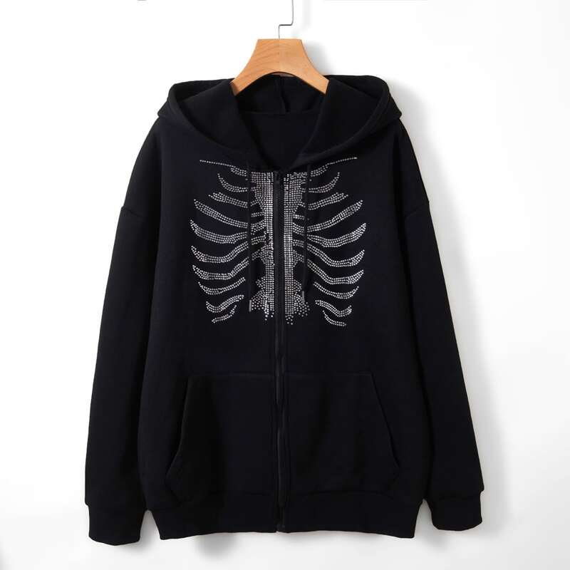 

Skeleton Rhinestone Zip Up Pocket Hoodie, Black