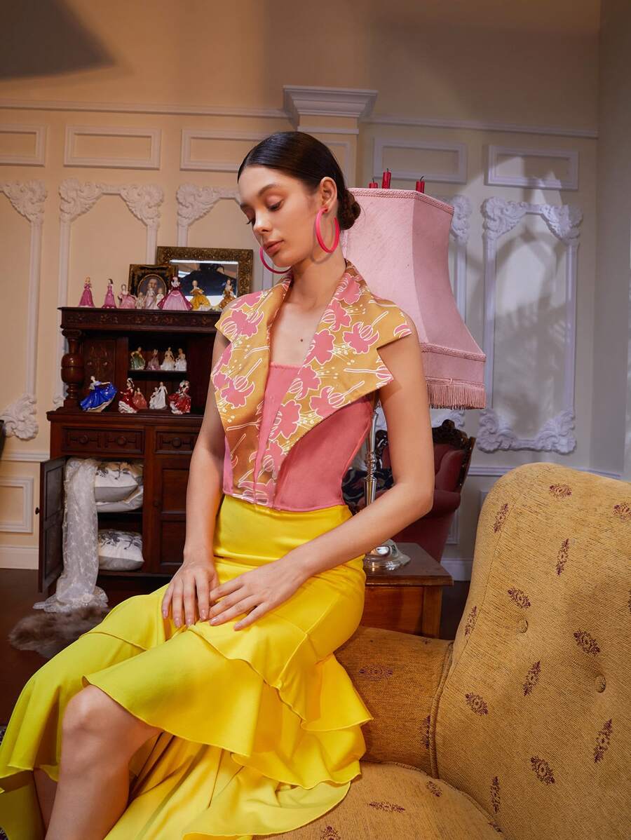 Yumiko Floral Print Notched Collar 2 In 1 Halter Top - Pink - View 1