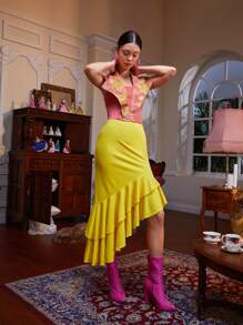 Yumiko Floral Print Notched Collar 2 In 1 Halter Top - Pink - View 3