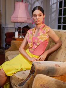 Yumiko Floral Print Notched Collar 2 In 1 Halter Top - Pink - View 4