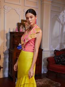 Yumiko Floral Print Notched Collar 2 In 1 Halter Top - Pink - View 5