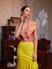 Yumiko Floral Print Notched Collar 2 In 1 Halter Top - Pink - View 6