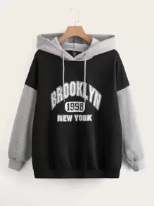 SHEIN EZwear Plus Letter Graphic Drop Shoulder Two Tone Drawstring Hoodie