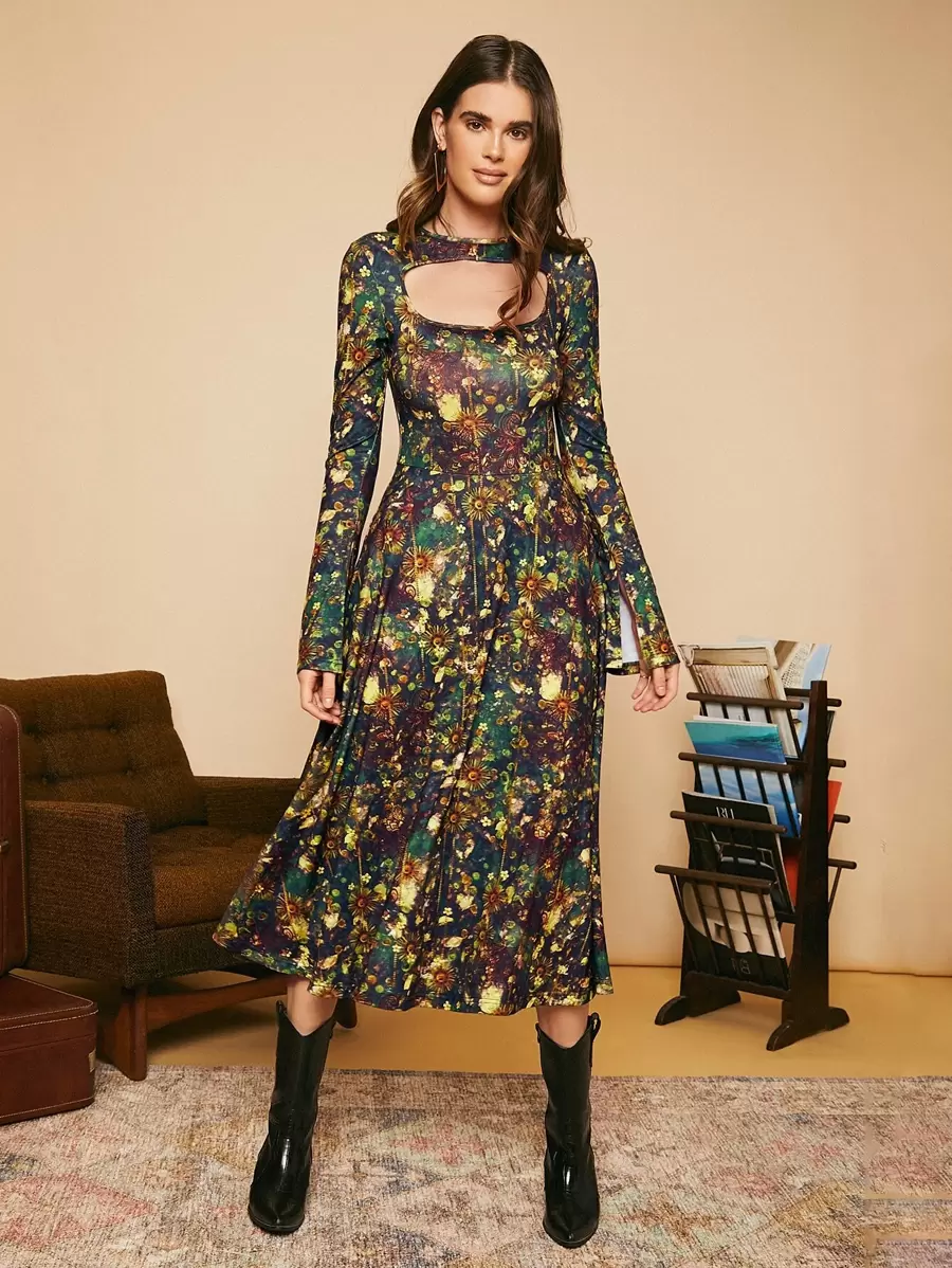 SHEIN Unity 佩斯利和花圖案鏤空連衣裙 - 彩色 - 查看 1