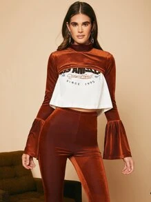 SHEIN Solid Flounce Sleeve Velvet Top - Rust Brown - View 1