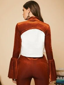 SHEIN Solid Flounce Sleeve Velvet Top - Rust Brown - View 2