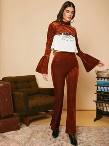 SHEIN Solid Flounce Sleeve Velvet Top - Rust Brown - View 4