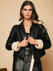 SHEIN Unity Teddy Panel Zip Up PU Leather Jacket - Black - View 3