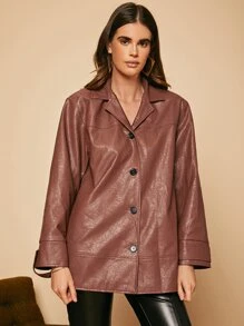 SHEIN Unity Lapel Collar PU Leather Coat - Redwood - View 2