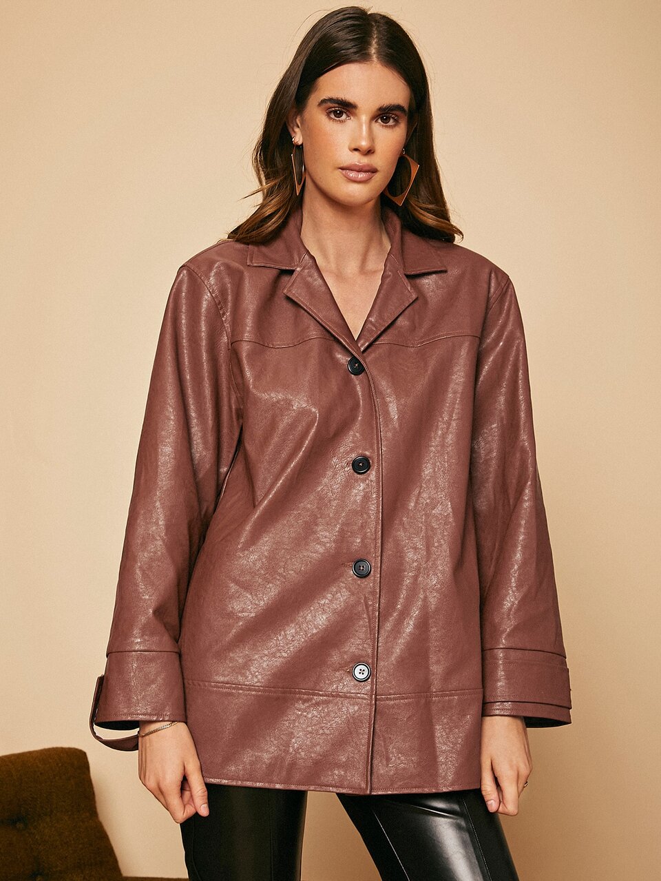 Lapel Collar PU Leather Coat