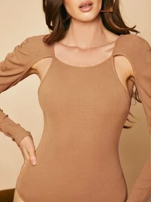 SHEIN Privé Solid Cut Out Bodysuit - Camel - View 5