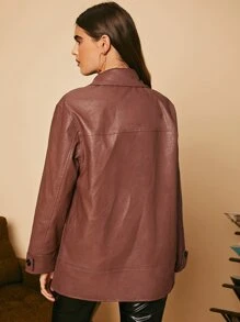 SHEIN Unity Lapel Collar PU Leather Coat - Redwood - View 3