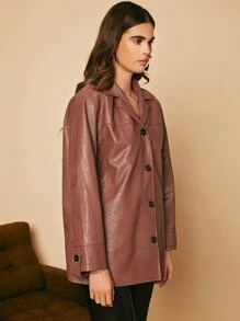 SHEIN Unity Lapel Collar PU Leather Coat - Redwood - View 4