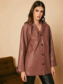 SHEIN Unity Lapel Collar PU Leather Coat - Redwood - View 5