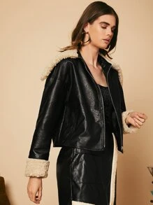 SHEIN Unity Teddy Panel Zip Up PU Leather Jacket - Black - View 5