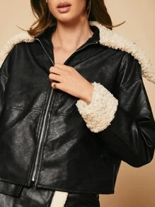 SHEIN Unity Teddy Panel Zip Up PU Leather Jacket - Black - View 6