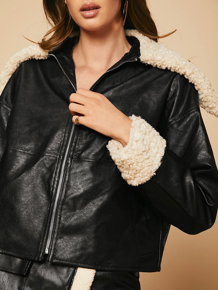 SHEIN Unity Teddy Panel Zip Up PU Leather Jacket - Black - View 6