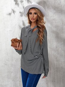 SHEIN Unity Polka Dot Draped Tie Front Cut Out Blouse - Black and White - View 1