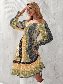 Vestido con estampado floral con paisley con fruncido de hombros descubiertos bajo con fruncido - Multicolor - Ver 3