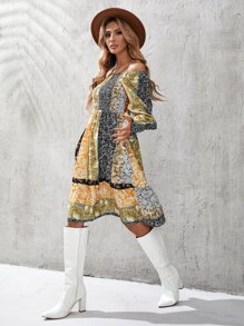 Vestido con estampado floral con paisley con fruncido de hombros descubiertos bajo con fruncido - Multicolor - Ver 4